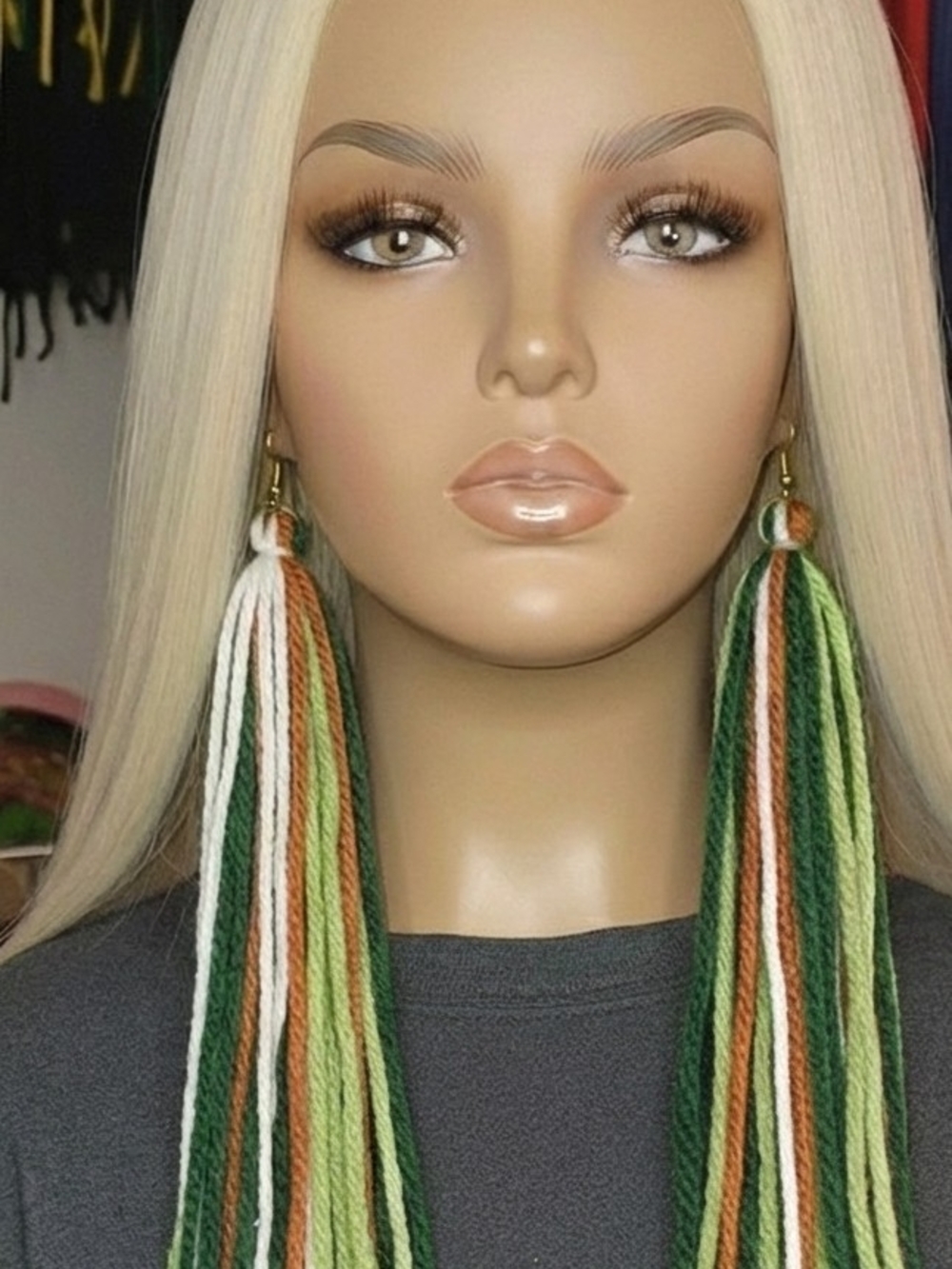 Long Multicolor Yarn Tassel Earrings - Green, White & Brown
